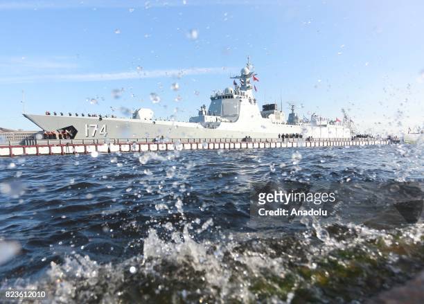 China's missile destroyer Hefei arrives at St Petersburg to take part in a ship parade marking Russian Navy Day in St. Petersburg, Russia, 27 July...