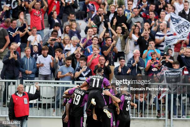 General view of Bordeaux' team afetr the first goal of Younousse Sankhare during the UEFA Europa League qualifying match between Bordeaux and...