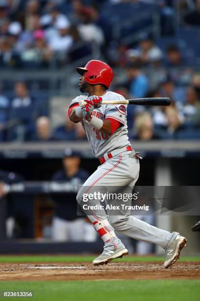 Arismendy Alcantara of the Cincinnati Reds bats during the game against the New York Yankees at Yankee Stadium on Tuesday, July 2017 in the Bronx...