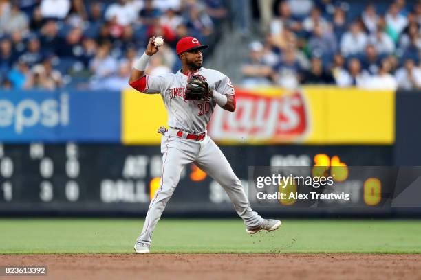 Arismendy Alcantara of the Cincinnati Reds throws to first base during the game against the New York Yankees at Yankee Stadium on Tuesday, July 2017...
