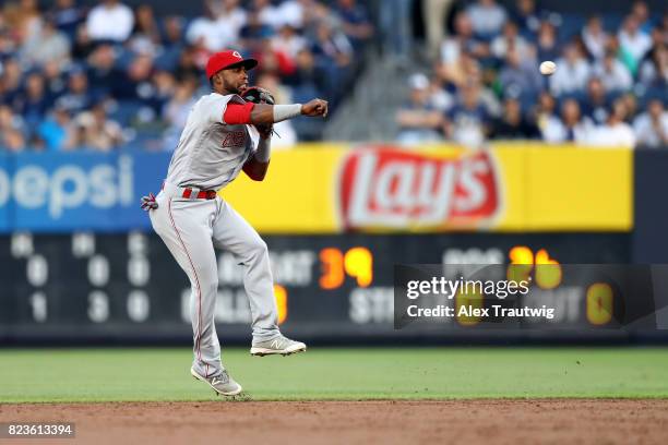 Arismendy Alcantara of the Cincinnati Reds throws to first base during the game against the New York Yankees at Yankee Stadium on Tuesday, July 2017...