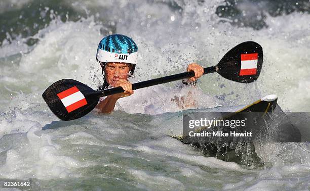 Violetta Oblinger Peters of Austria competes in the Women's Kayak Semifinals event at the Shunyi Olympic Rowing-Canoeing Park on Day 7 of the Beijing...