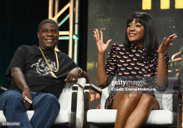 Executive producer/actor Tracy Morgan and actor Tiffany Haddish of 'The Last O.G.' speaks onstage during the TCA Turner Summer Press Tour 2017...