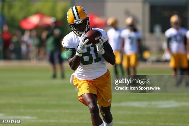 Green Bay Packers wide receiver Geronimo Allison runs during Green Bay Packers Training Camp on July 27, 2017 at Ray Nitschke Field in Green Bay, WI.