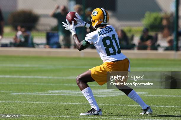 Green Bay Packers wide receiver Geronimo Allison makes a catch during Green Bay Packers Training Camp on July 27, 2017 at Ray Nitschke Field in Green...