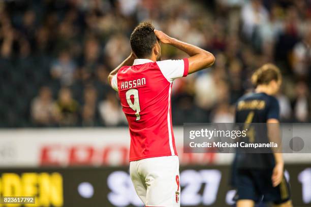 Ahmed Hassan Mahgoub of SC Braga dejected after his goal is called off for offside during a UEFA Europa League qualification match between AIK and SC...