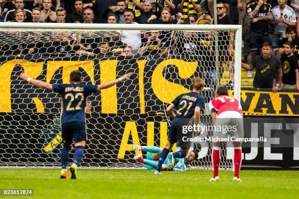 Daniel Sundgren of AIK scores a penalty during a UEFA Europa League qualification match between AIK and SC Braga at Friends arena on July 27, 2017 in...