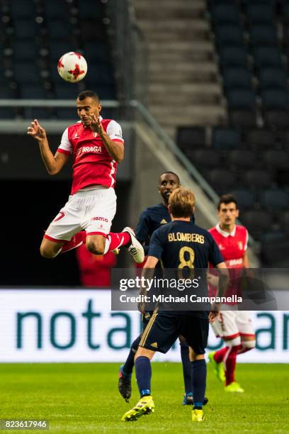 Ricardo Sousa Esgaio of SC Braga heads the ball away during a UEFA Europa League qualification match between AIK and SC Braga at Friends arena on...