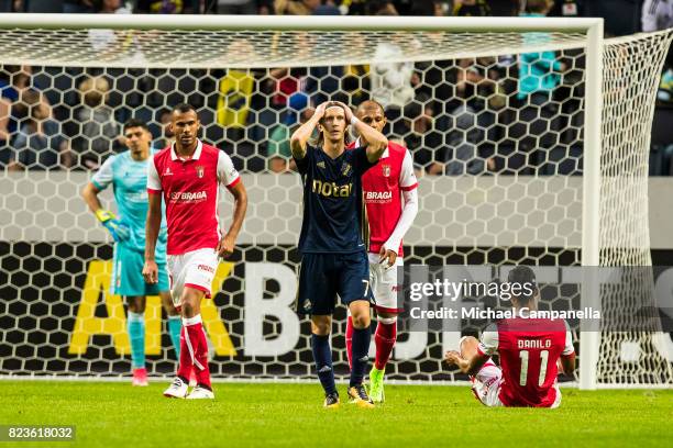 Kristoffer Olsson of AIK dejected after a missed chance on goal during a UEFA Europa League qualification match between AIK and SC Braga at Friends...