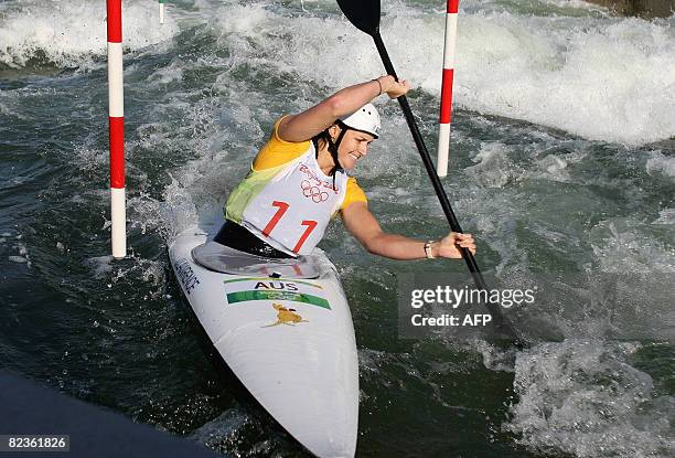 Jacqueline Lawrence of Australia competes to win silver in the 2008 Beijing Olympic Games Women's Single Kayak K1 slalom final at the Shunyi Rowing...