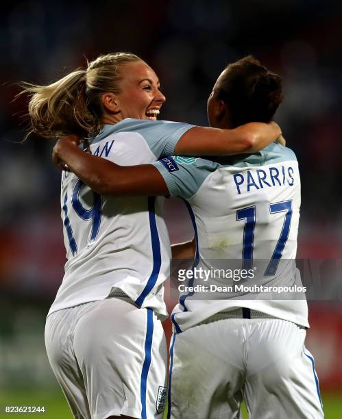 Nikita Parris of England celebrates with team mate Toni Duggan after scoring her team's second goal of the game during the UEFA Women's Euro 2017...