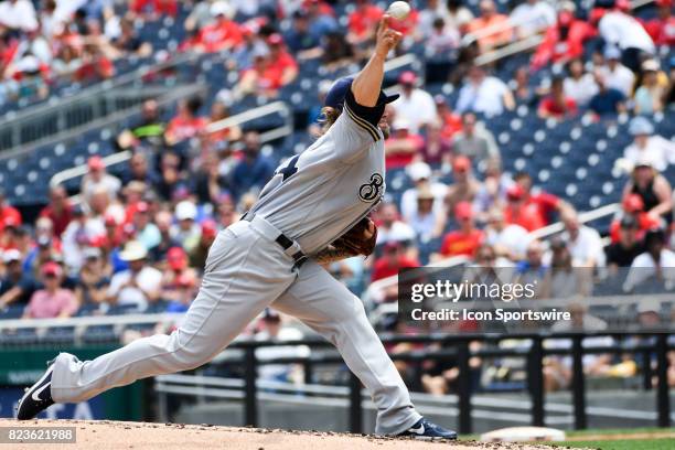 Milwaukee Brewers starting pitcher Michael Blazek pitches during an MLB game between the Milwaukee Brewers and the Washington Nationals on July 27 at...