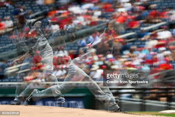 Milwaukee Brewers starting pitcher Michael Blazek pitches in an in camera multiple exposure during an MLB game between the Milwaukee Brewers and the...
