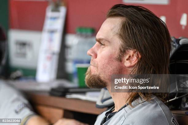 Milwaukee Brewers starting pitcher Michael Blazek sits in the dugout during an MLB game between the Milwaukee Brewers and the Washington Nationals on...