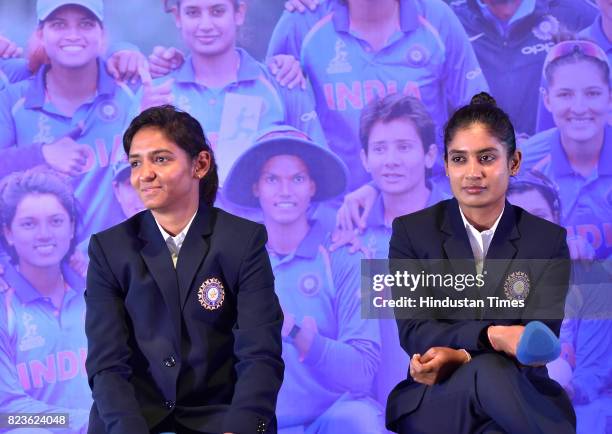 Indian Women's Cricket team captain Mithali Raj and Harmanpreet Kaur during the felicitating event on July 27, 2017 in New Delhi, India. Mithali Raj...