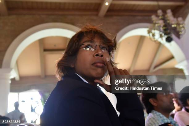 Indian Women's Cricket player Jhulan Goswami at the felicitating event on July 27, 2017 in New Delhi, India. Mithali Raj led India to the final of...