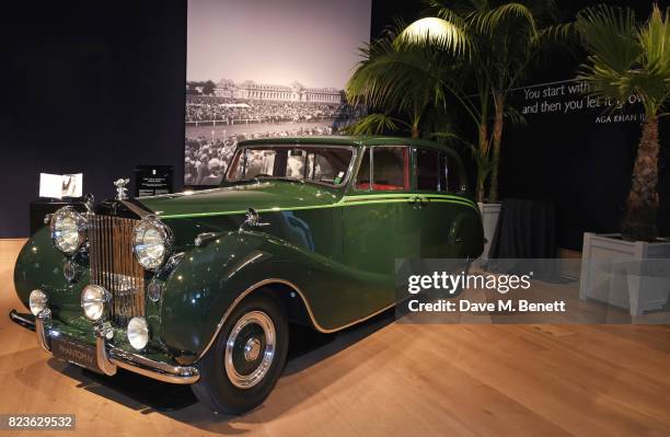 The Aga Khan III Rolls-Royce Phantom is displayed at the world premiere of the 'The Great Eight Phantoms - A Rolls-Royce Exhibition' at Bonhams on...