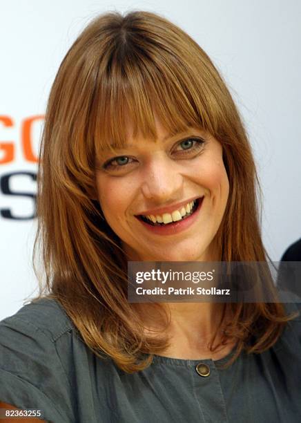 Heike Makatsch poses on the movie set for 'Hilde' on August 15, 2008 in Huerth, Germany.