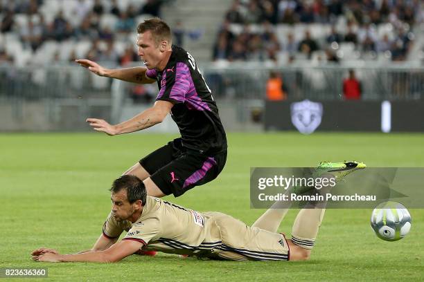 Lukas Lerager of Bordeaux and Danko Lazovic of Videoton in action during the UEFA Europa League qualifying match between Bordeaux and Videoton at...