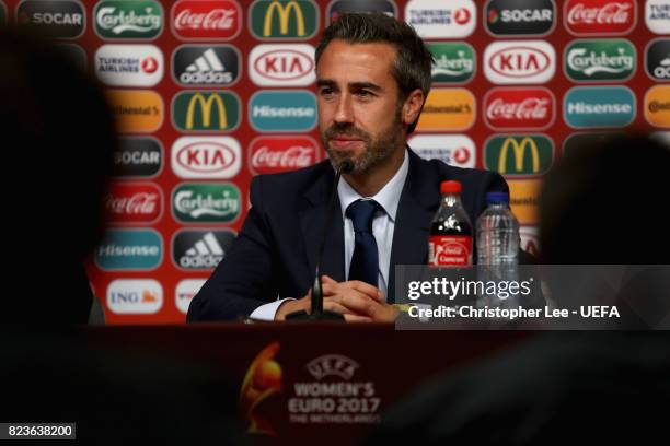 Jorge Vilda, head coach of Spain spaks to the media during a press confrence after the Group D match between Scotland and Spain during the UEFA...