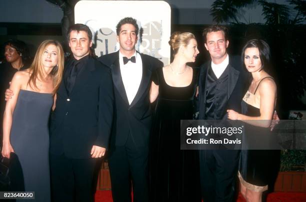 Actors Jennifer Aniston, Matt LeBlanc, David Schwimmer, Lisa Kudrow, Matthew Perry and Courtney Cox attend the 55th Annual Golden Globe Awards on...