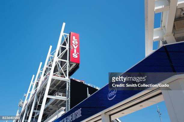 Sign with Intel logo at Levi's Stadium, home to the San Francisco 49ers football team, in the Silicon Valley town of Santa Clara, California, July...
