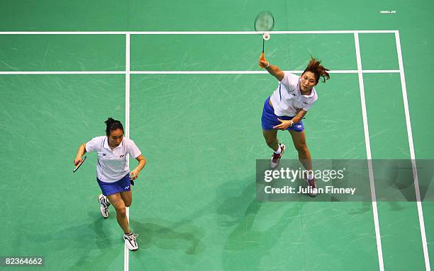 Lee Hyojung and Lee Kyungwon of South Korea compete in the the Women's Doubles Final against Du Jing and Yu Yang of China at the Beijing University...