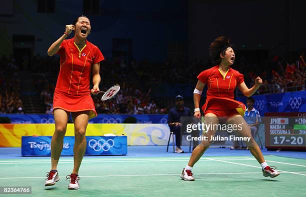 Wei Yili and Zhang Yawen of China celebrates against Miyuki Maeda and Satoko Suetsuna of Japan in the Women's Doubles Bronze Medal Match at the...