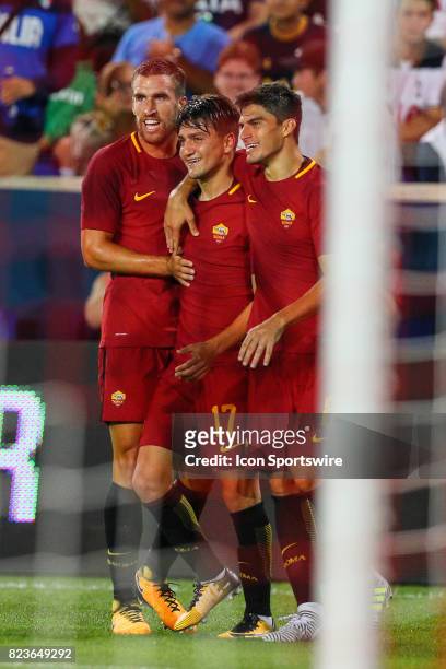 Roma forward Cengiz Under celebrates with teammates during the second half of the International Champions Cup soccer game between Tottenham Hotspur...