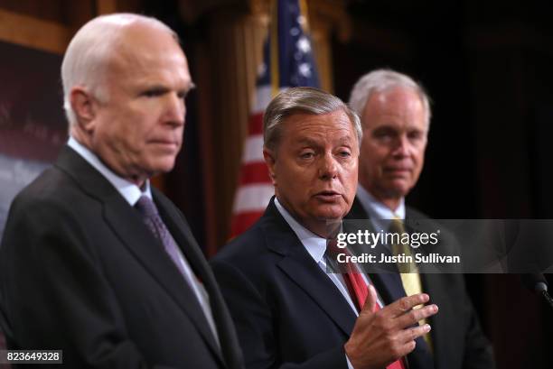 Sen. Lindsey Graham speaks during news conference to announce opposition to the so-called skinny repeal of Obamacare as Sens. John McCain and Ron...