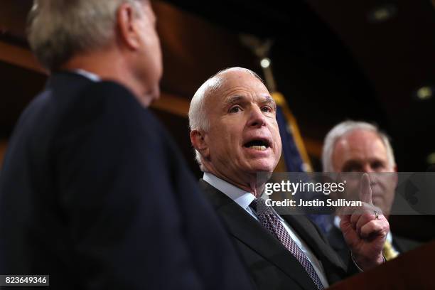 Sen. John McCain speaks during a news conference to announce opposition to the so-called skinny repeal of Obamacare at the U.S. Capitol July 27, 2017...