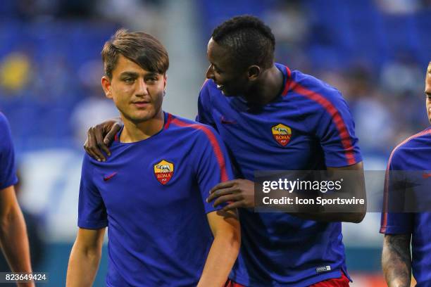 Roma forward Cengiz Under and teammate Roma forward Sadiq Umar during warms up prior to the International Champions Cup soccer game between Tottenham...