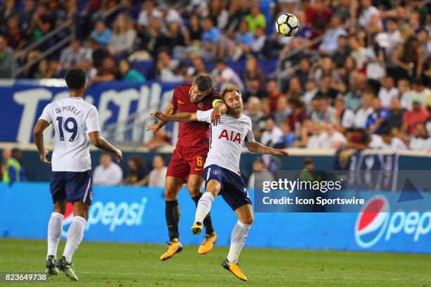 Tottenham Hotspur midfielder Christian Eriksen battles Roma midfielder Kevin Strootman during the second half of the International Champions Cup...