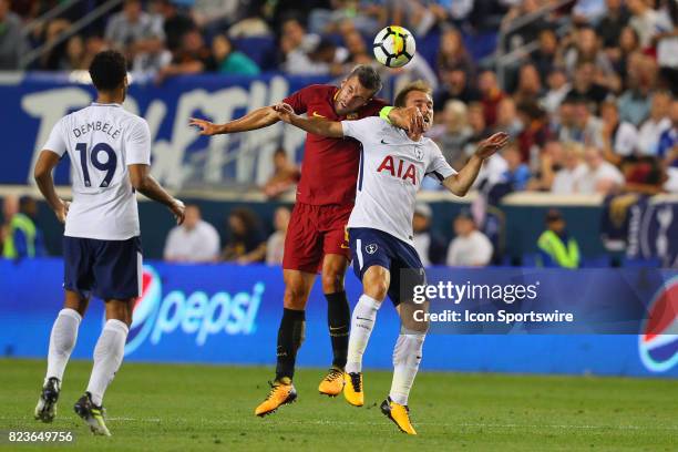 Tottenham Hotspur midfielder Christian Eriksen battles Roma midfielder Kevin Strootman during the second half of the International Champions Cup...