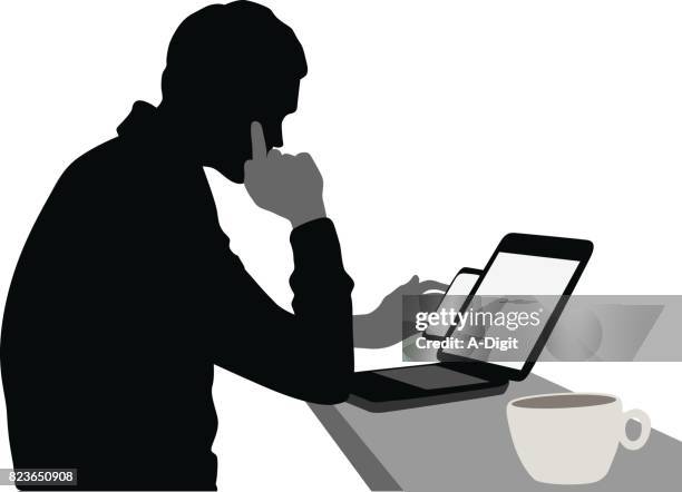 hot tea laptop - student thinking white background stock illustrations