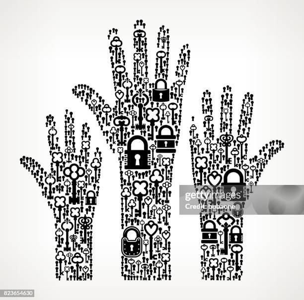 raised hands antique keys black and white vector pattern - locksmith stock illustrations