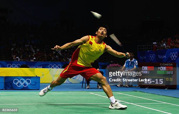 Lin Dan of China in action against Chen Jin of China in the Men's Singles Semi Final at the Beijing University of Technology Gymnasium on Day 7 of...