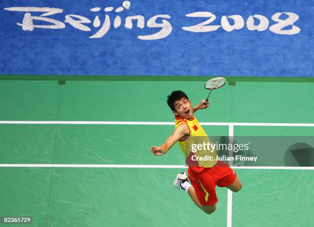 Lin Dan of China in action against Chen Jin of China in the Men's Singles Semi Final at the Beijing University of Technology Gymnasium on Day 7 of...