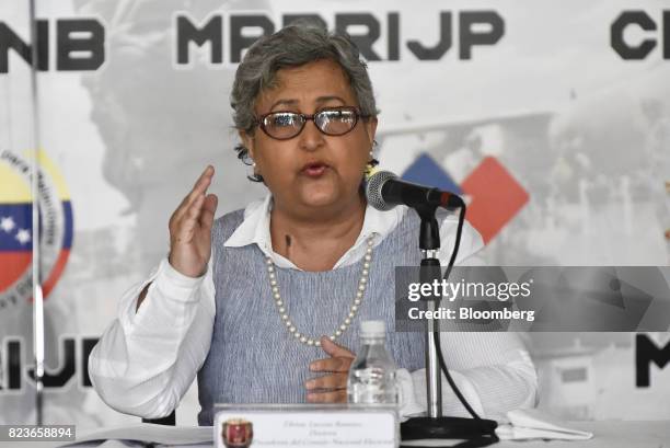 Tibisay Lucena, president of the National Electoral Council, speaks during a press conference in Caracas, Venezuela, on Thursday, July 27, 2017. U.S....