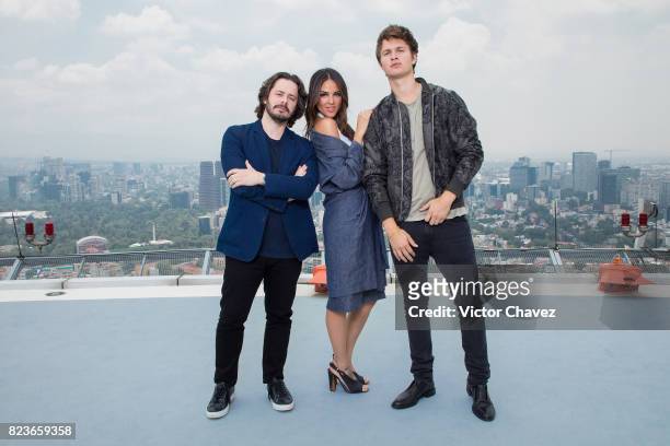 Film director Edgar Wright, Eiza Gonzalez and actor Ansel Elgort attend a photocall to promote the film "Baby Driver" at St. Regis Hotel heliport on...