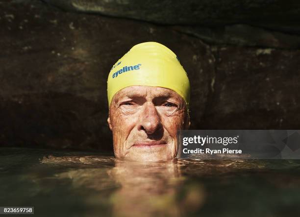Bronte Splashers member Dave Magnussen poses at Bronte Pool on July 16, 2017 in Sydney, Australia. At 81 years old, Dave Magnussen is the oldest...