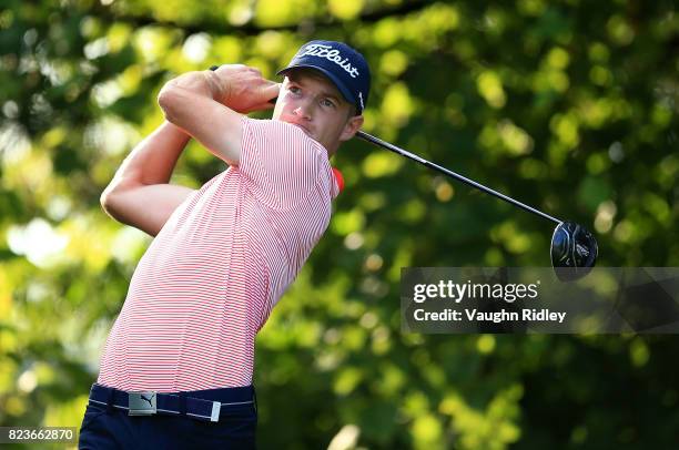 Drew Nesbitt of Canada plays his shot from the 16th tee during round one of the RBC Canadian Open at Glen Abbey Golf Club on July 27, 2017 in...