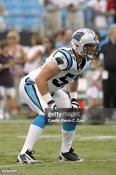 Dan Connor of the Carolina Panthers gets ready on the field before the game against the Indianapolis Colts at Bank of America Stadium on August 2008...