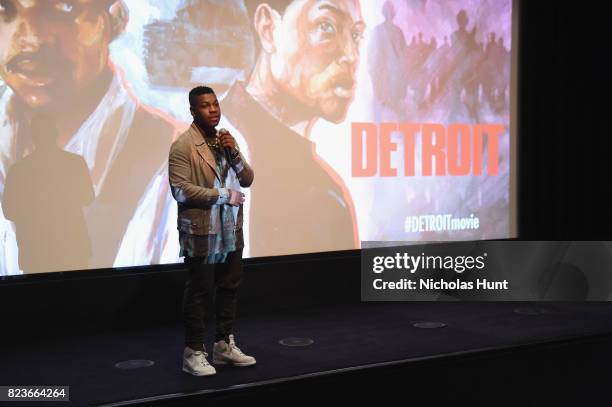 Actor John Boyega speaks onstage at the Detroit special screening at the Crosby Street Hotel on July 27, 2017 in New York City.
