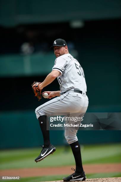 Mike Pelfrey of the Chicago White Sox pitches during the game against the Oakland Athletics at the Oakland Alameda Coliseum on July 5, 2017 in...