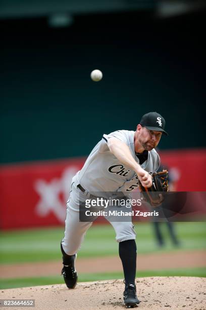 Mike Pelfrey of the Chicago White Sox pitches during the game against the Oakland Athletics at the Oakland Alameda Coliseum on July 5, 2017 in...