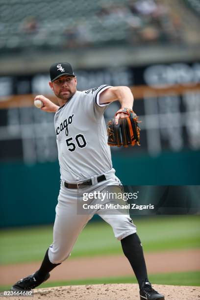 Mike Pelfrey of the Chicago White Sox pitches during the game against the Oakland Athletics at the Oakland Alameda Coliseum on July 5, 2017 in...
