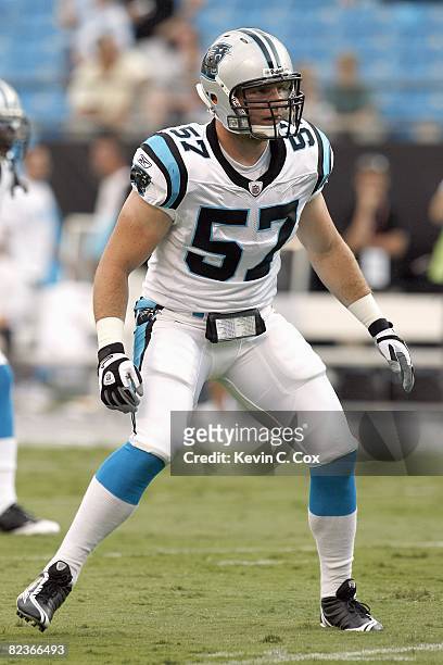 Dan Connor of the Carolina Panthers moves on the field before the game against the Indianapolis Colts at Bank of America Stadium on August 2008 in...
