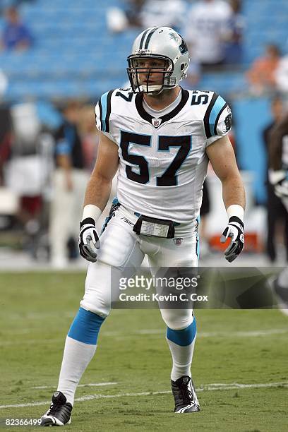 Dan Connor of the Carolina Panthers moves on the field before the game against the Indianapolis Colts at Bank of America Stadium on August 2008 in...