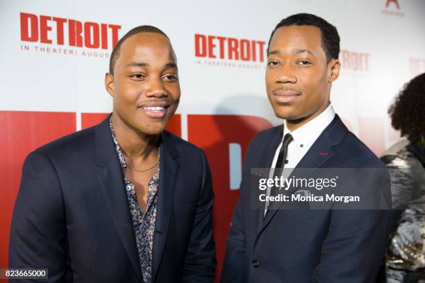 Actor Leon Thomas lll ; Actor Tyler James Williams during the premiere of 'Detroit' at Fox Theatre on July 25, 2017 in Detroit, Michigan.